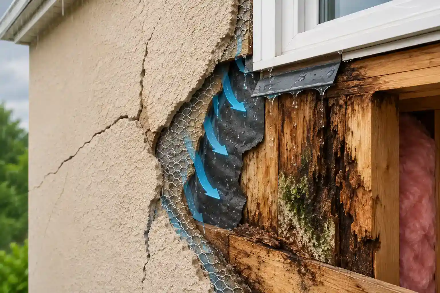 Cutaway illustration showing hidden water intrusion, wood rot, and moisture damage behind a stucco exterior wall near a window.