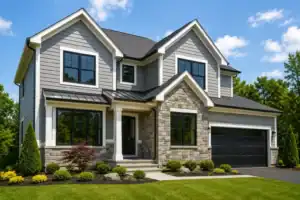 Luxury home featuring James Hardie® fiber cement siding, manufactured stone veneer, black-framed energy-efficient windows, and a custom entry door after a complete exterior remodeling project.