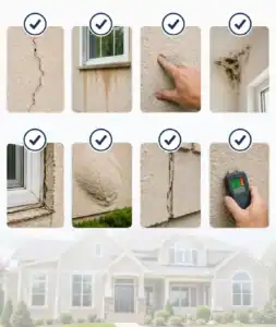 Visual checklist showing common signs of stucco damage, including cracks, water stains, mold, bulging stucco, failed caulking, and moisture meter testing.