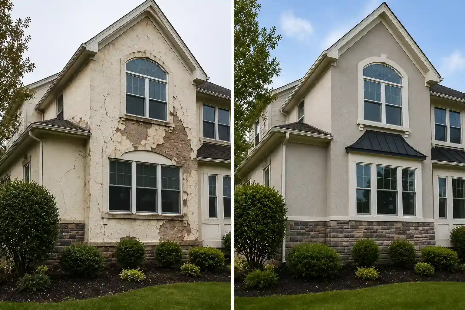 stucco-remediation-before-after-ambler-pa.webp_11zon Before and after stucco remediation project showing water-damaged stucco replaced with a professionally restored exterior on a home in Ambler, PA.