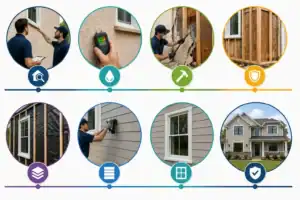 Step-by-step illustration of the stucco remediation process, including inspection, moisture testing, removal of damaged stucco, structural repairs, installation of a weather-resistant barrier, new exterior cladding, window installation, and the completed home.