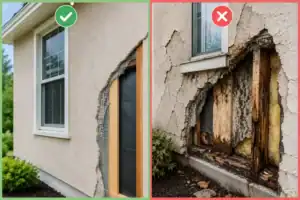 Side-by-side comparison of a stucco wall requiring minor repair versus a stucco wall with severe hidden moisture damage requiring complete remediation.